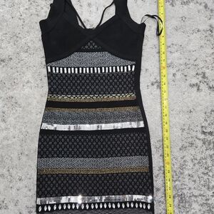 Marciano Black Patterned Knit Bodycon Dress with Metallic Detail